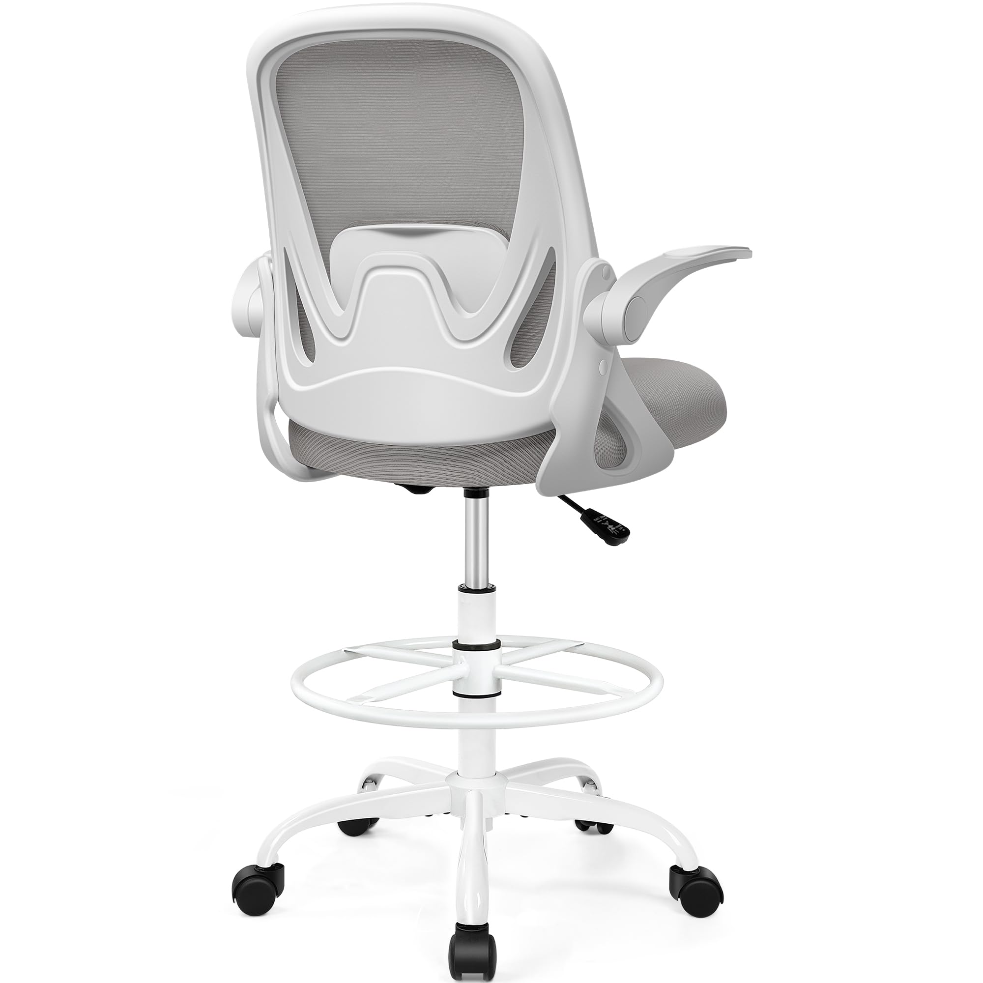 Drafting Chair Tall Office Chair with Flip-up Armrests, Adjustable Height, and Enhanced Lumbar Support - Ergonomic Rolling Stool, Back Support, and Adjustable Foot Rest Ring for Standing Desk Gray