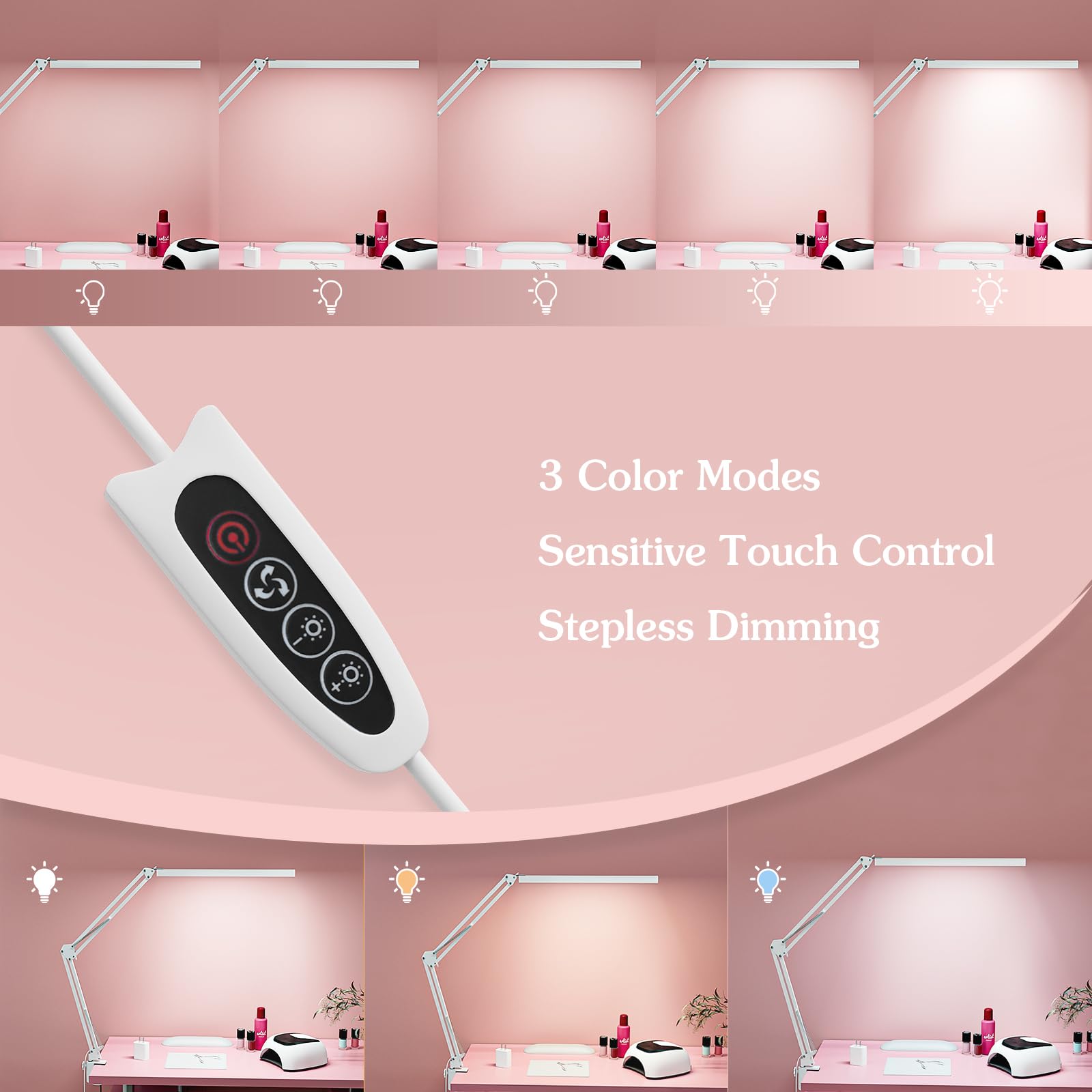 LED Desk Lamp, Manicure Table Lamp, 16" Lamp Head, Dimmable Eye-Caring Drafting Light with 3 Color Modes, 10 Brightness Levels & Adapter, Memory Function(White)