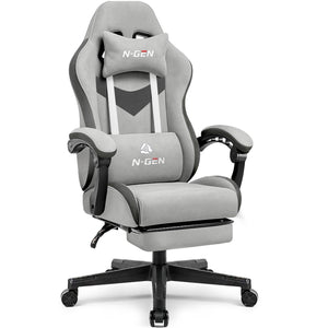 Video Gaming Chair with Footrest Lumbar Support for Home Office High Back Recliner Height Adjustable Ergonomic Comfy Fabric Computer Desk Chair (Grey)