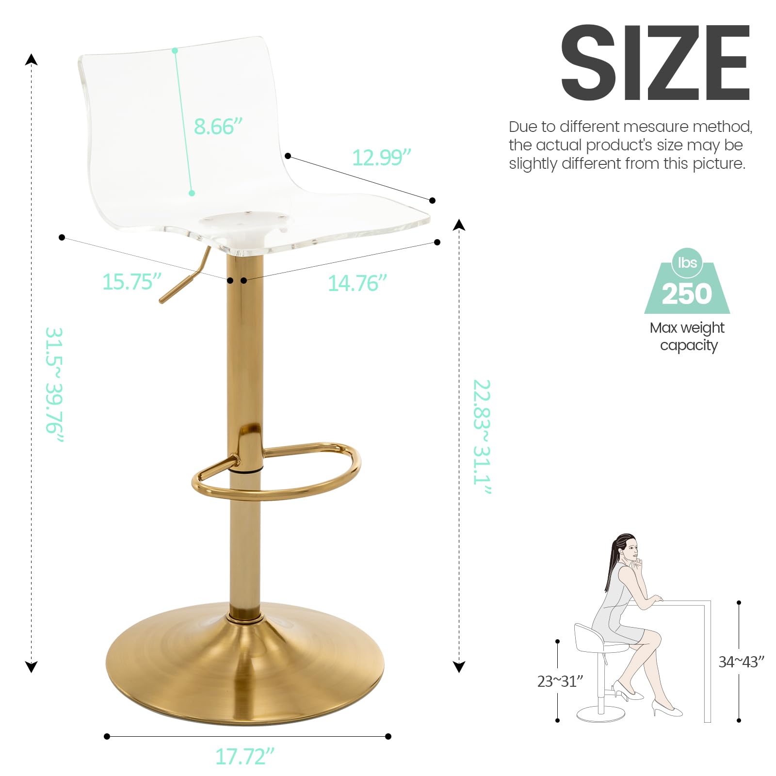 Acrylic Bar Stools with Mid Back, Set of 2, Transparent Adjustable Swivel Airlift Barstools, Counter Height Bar Chairs for Kitchen Dining Pub Cafe (Clear, Gold Base)