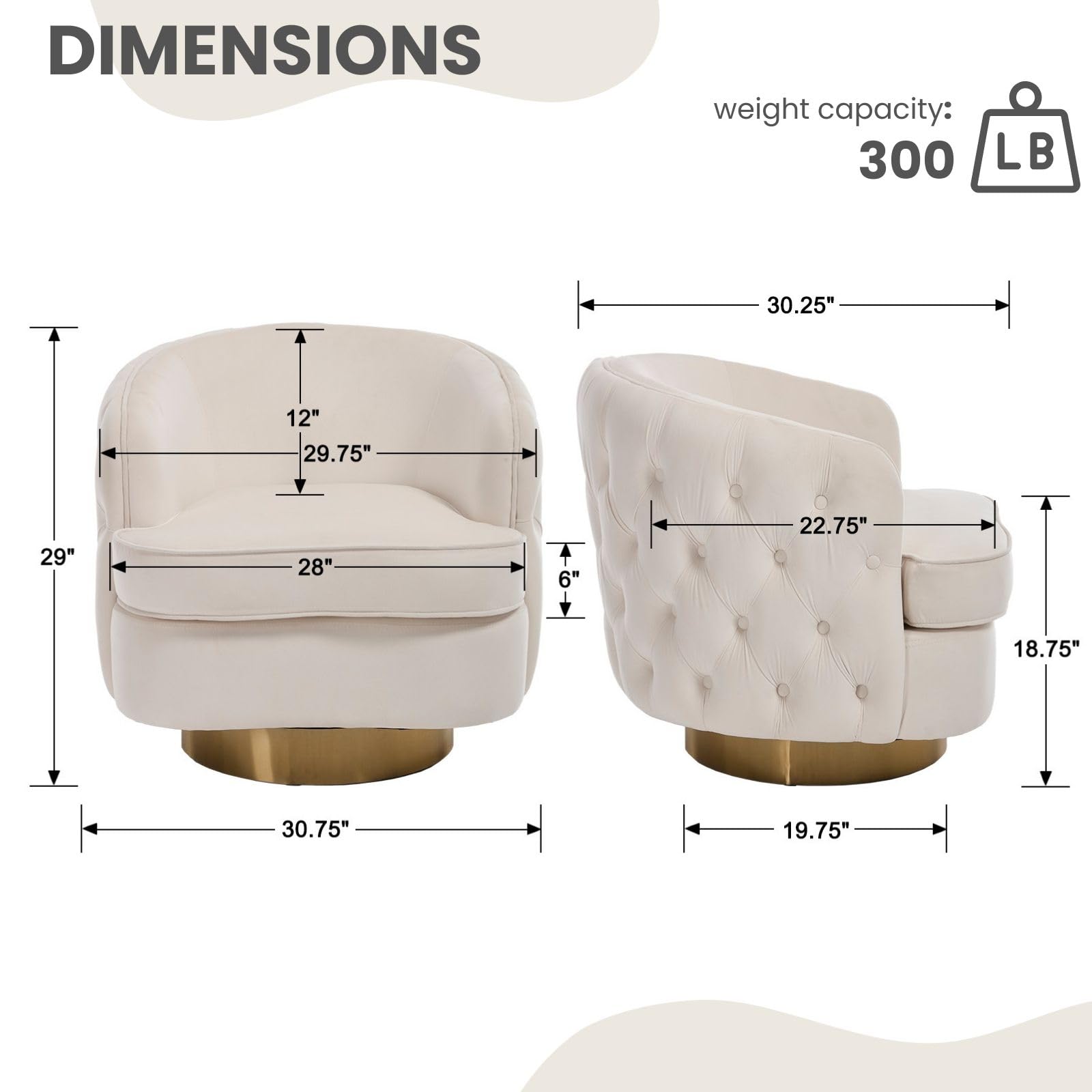 White Swivel Comfy Accent Chair Set of 2, Modern Tufted Velvet Upholstered Round Swivel Barrel Chair for Living Room Bedroom, Barrel Armchair with Tall Backrest