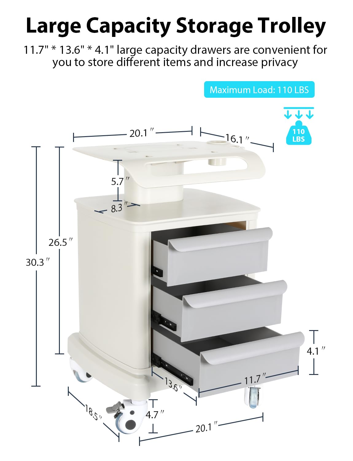 Mobile Ultrasound Trolley Cart Portable Ultrasound Imaging Scanner Vehicle Medical Beauty Storage Cart 110LBS Load with 4 Wheels 2 Brake for Hospital Office Bedroom Medical Clinic
