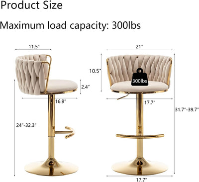 Gold Velvet Bar Stools Set of 3, Swivel Counter Height Bar Stools with Back, Adjustable Woven Barstools for Kitchen Island, Pub, Club (Beige)