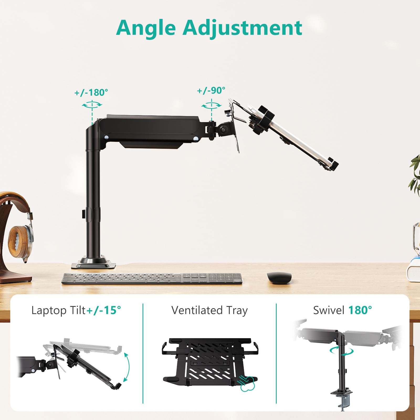 Laptop Desk Mount for 15.6 inch Notebook, Fully Adjustable Single Monitor Arm with Laptop Holder for 32 inch Screen, Laptops Stand with Ventilated Tray, Up to 22 Lbs, (GSDM00LP), Black