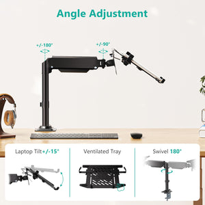 Laptop Desk Mount for 15.6 inch Notebook, Fully Adjustable Single Monitor Arm with Laptop Holder for 32 inch Screen, Laptops Stand with Ventilated Tray, Up to 22 Lbs, (GSDM00LP), Black