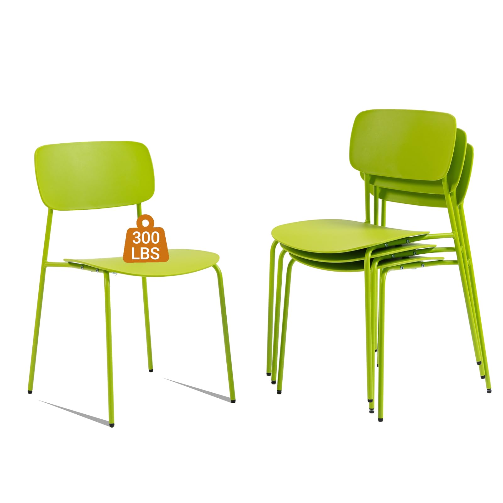 Stackable Chairs Set of 4, Metal Waiting Room Chairs with Plastic Seat, Capacity 300lbs, Stacking Chairs for Office Conference Break Room Lobby, Green