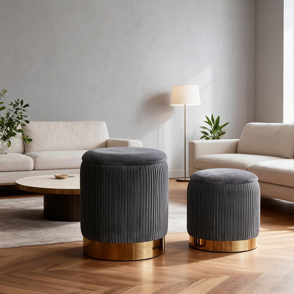 Round Ottoman with Storage Set of 2 Vanity Stool Foot Rest with Removable Lid for Bedroom Gray Velvet Storage Ottoman Coffee Table for Living Room and Dorm (Gray)
