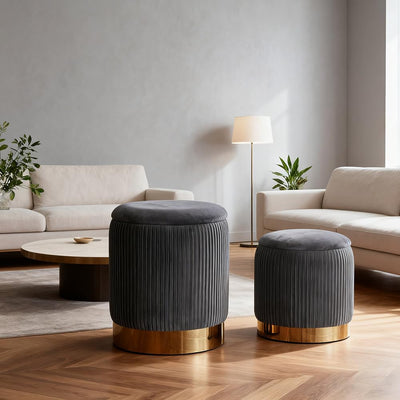 Round Ottoman with Storage Set of 2 Vanity Stool Foot Rest with Removable Lid for Bedroom Gray Velvet Storage Ottoman Coffee Table for Living Room and Dorm (Gray)
