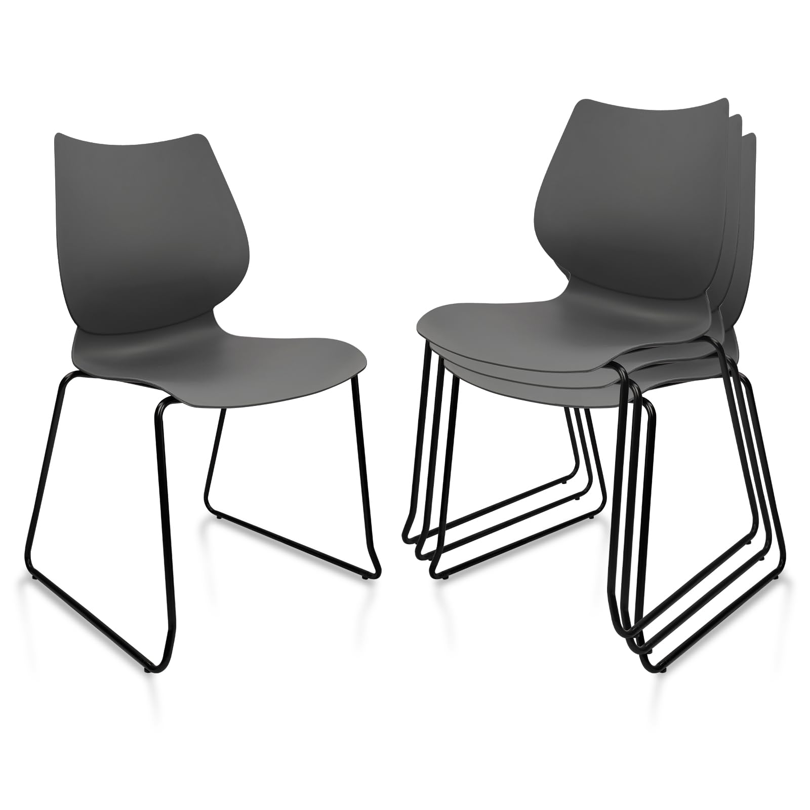 Set of 4, Grey, Stacking Waiting Room Chairs, Stacked Plastic Office Chair with Ergonomic Lumbar Support and Metal Legs for Conference School Church Guest Reception
