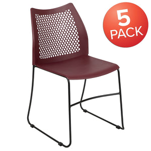 5 Pack 661 lb. Capacity Burgundy Stack Chair with Air-Vent Back and Black Powder Coated Sled Base
