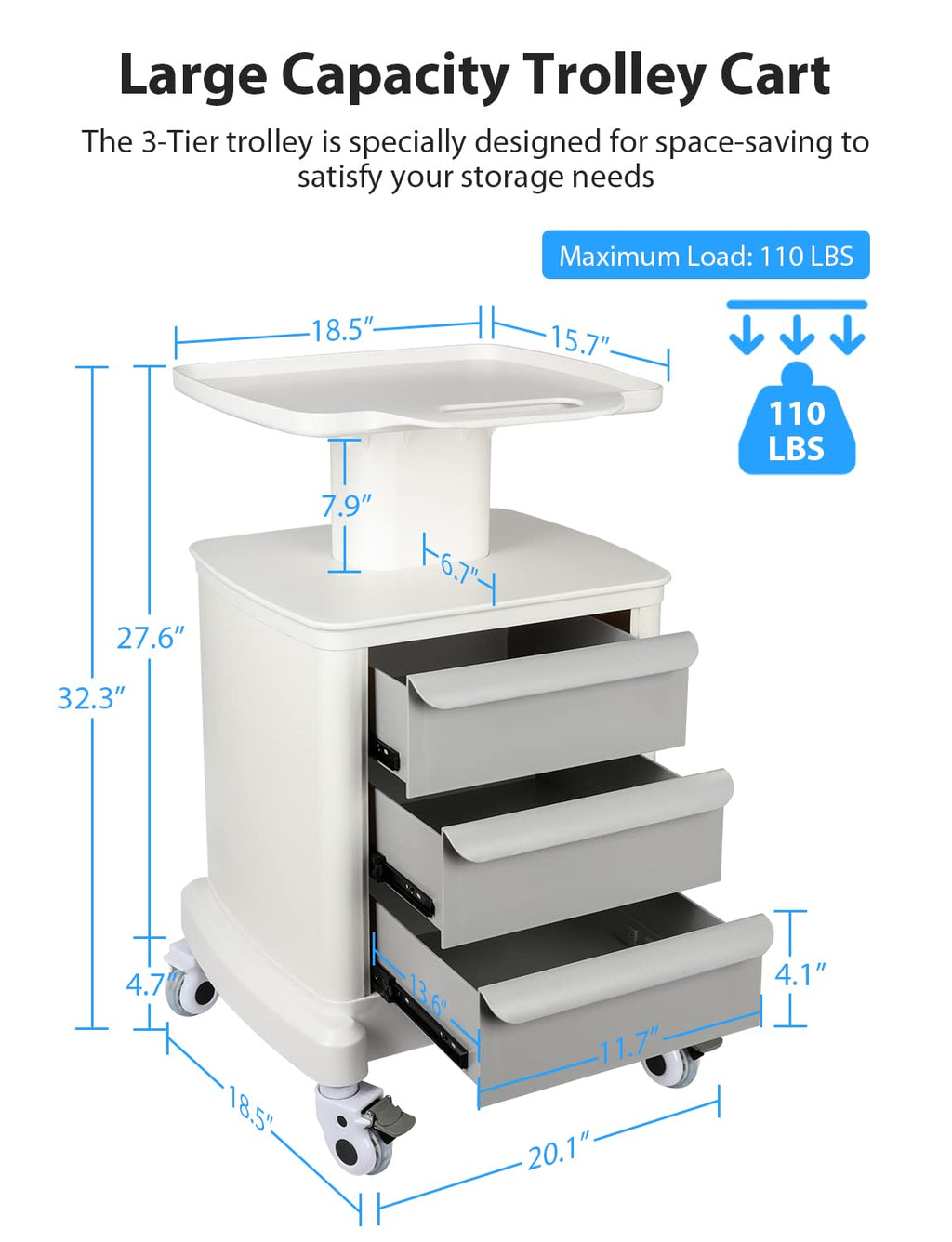 Mobile Trolley Cart for Portable Ultrasound Imaging Scanner Vehicle Trolley Beauty Storage Cart 110 LBS Load with 3 Drawers 4 Wheels for Hospital Office Bedroom Medical Clinic