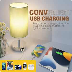 Bedside Lamp with USB Port - Touch Control Table Lamp for Bedroom 3 Way Dimmable Nightstand Lamp with Round Denim Fabric Shade for Living Room, Dorm, Home Office (LED Bulb Included)