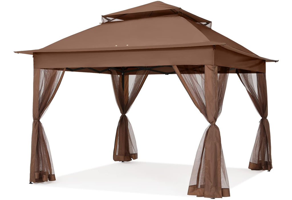11x11 Pop Up Gazebo Tent Outdoor Canopy Patio Shelter with Mosquito Netting(Brown)