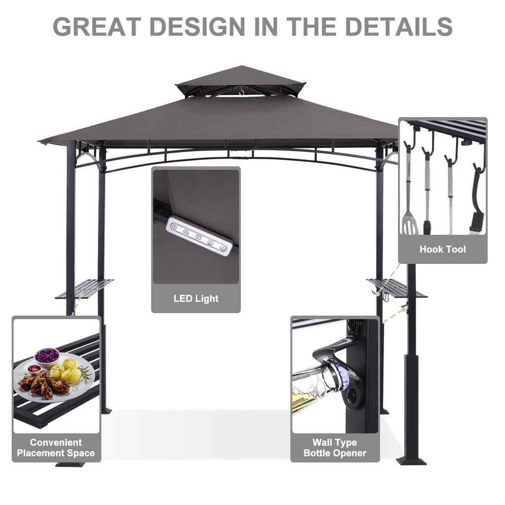 8x5 Grill Gazebo - Outdoor BBQ Canopy Shelter with Led Light for Patio Backyard Grilling (Dark Gray)