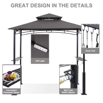 8x5 Grill Gazebo - Outdoor BBQ Canopy Shelter with Led Light for Patio Backyard Grilling (Dark Gray)
