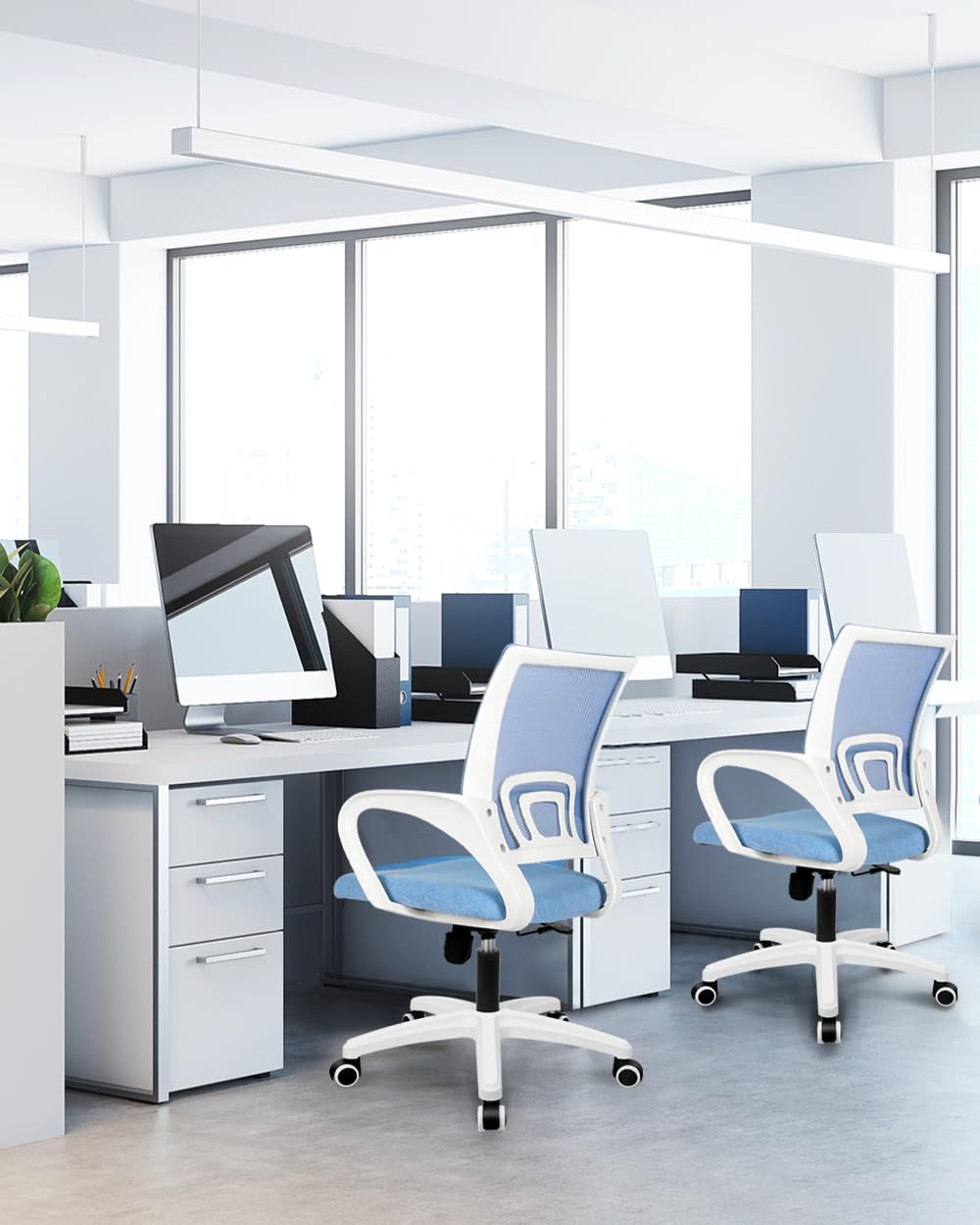 Office Desk Computer Chair Ergonomic Mesh Gaming Cushion Seat with Comfy Lumbar Mid Back Support Adjustable Height Swivel Rolling Wheels for Home Task (Sky Blue)