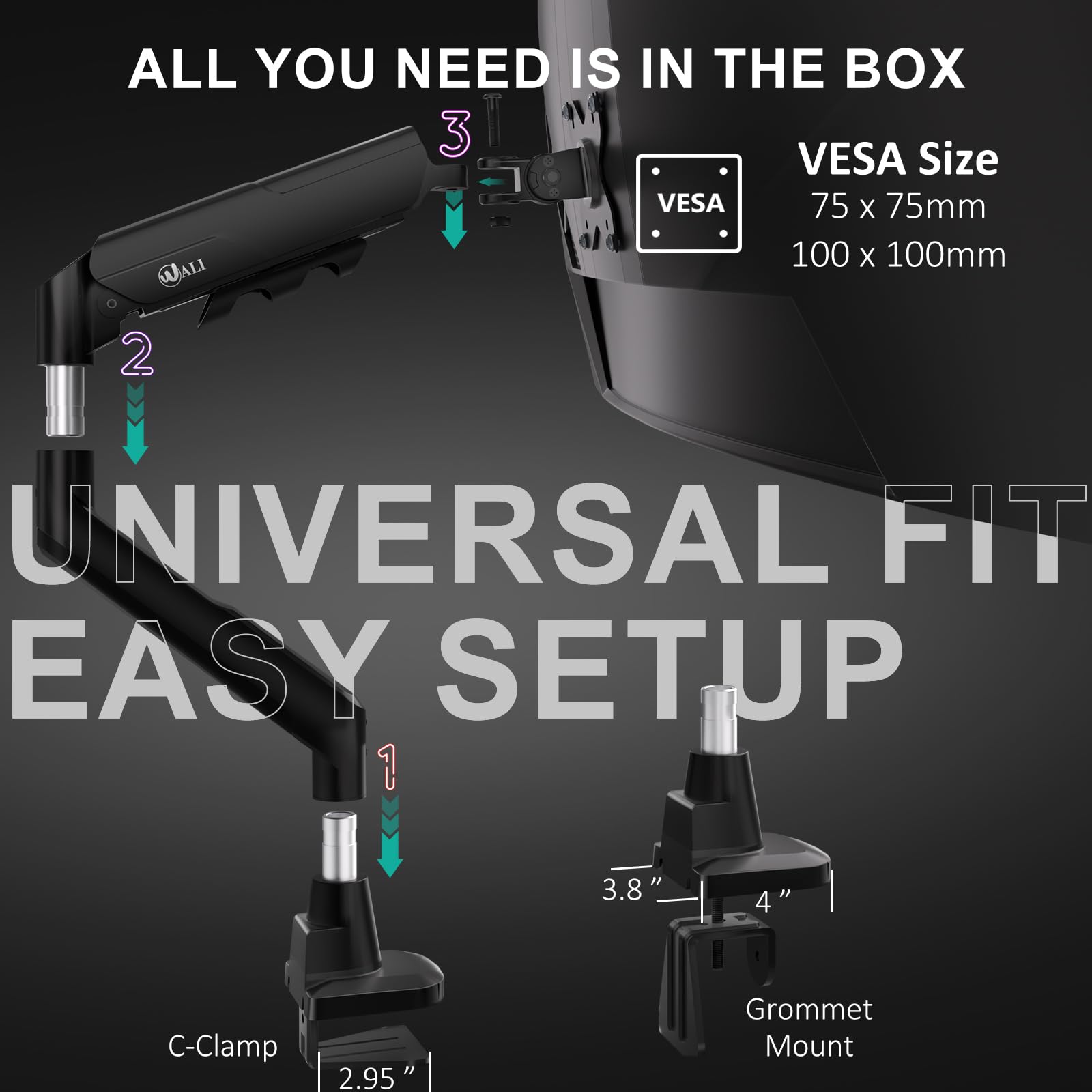 Heavy Duty Single Monitor Arm for 17-49 Inch Flat Curved Ultrawide Screens, up to 33 Lbs, Adjustable Single Monitor Desk Mount for Home Office Gaming, VESA 75/100mm (GSM001XLN), Black