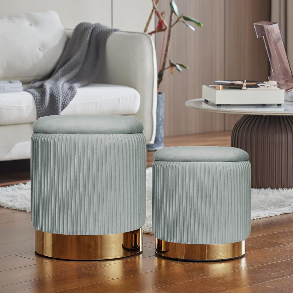 Round Ottoman Storage Set of 2 Velvet Ottoman for Living Room Small Foot Stool Small Coffee Table Vanity Stool with Storage for Bedroom Bedroom (Light Gray)