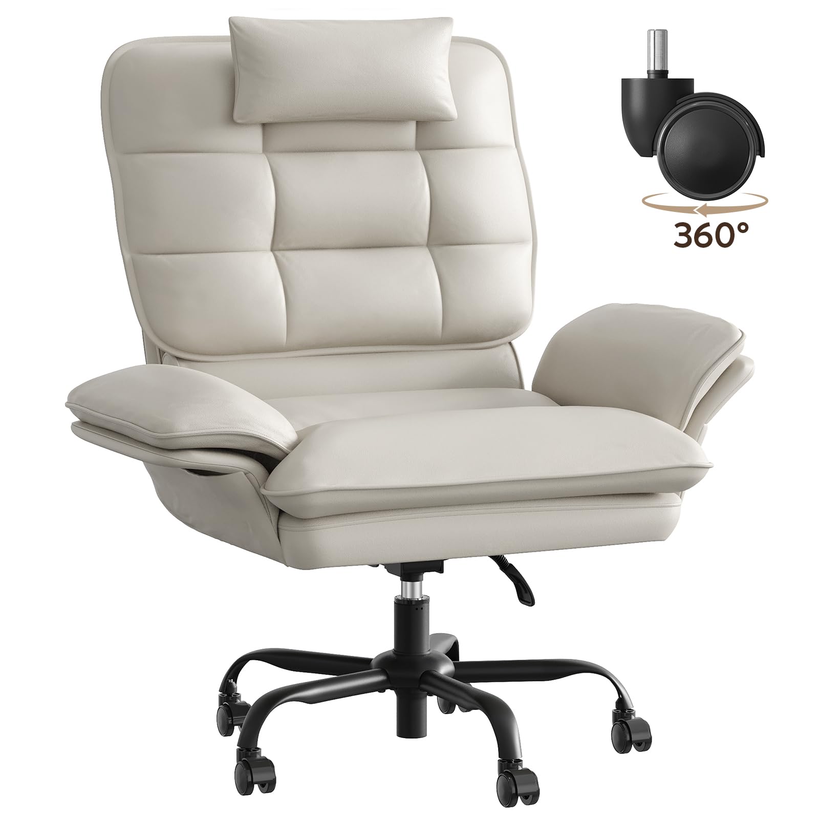 Cross Legged Office Chair Criss Cross Chair with Adjustable Arms 135° Reclining PU Leather Executive Chair with Wheels Big and Tall Computer Desk Chair for Home Office Beige