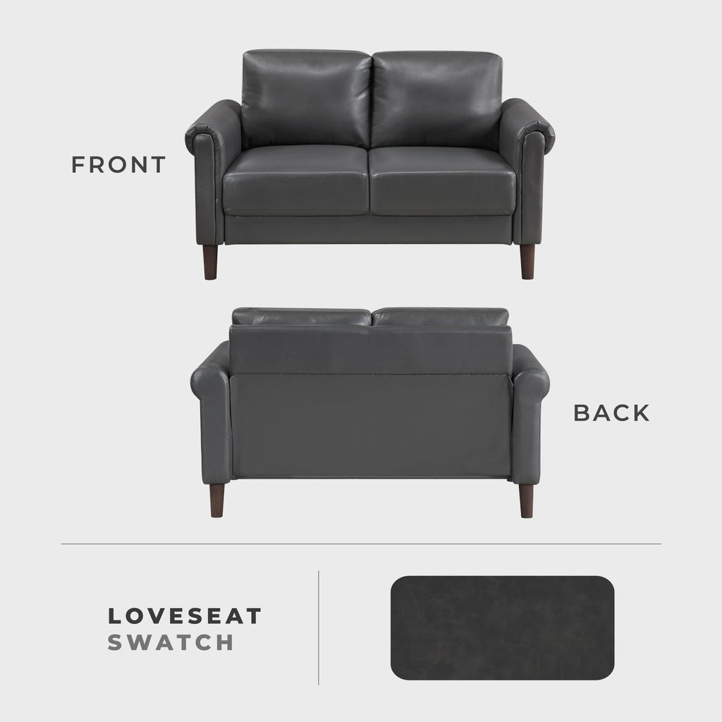 57" W Loveseat, Faux Leather Upholstered Couch, Loveseat with Rolled Armrest for Bedroom/Office/Waiting Room, 2 Seater Couch, Dark Gray