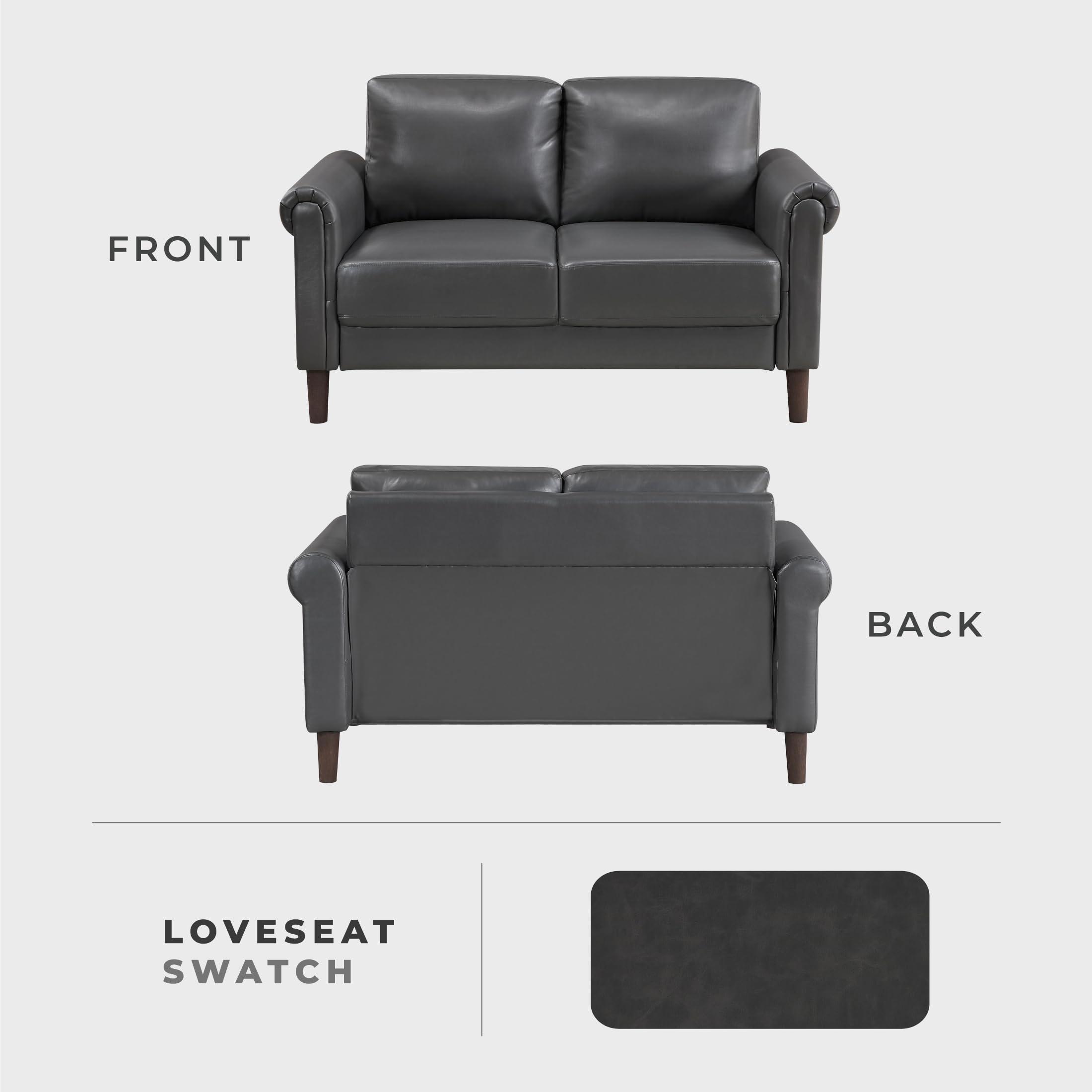 57" W Loveseat, Faux Leather Upholstered Couch, Loveseat with Rolled Armrest for Bedroom/Office/Waiting Room, 2 Seater Couch, Dark Gray