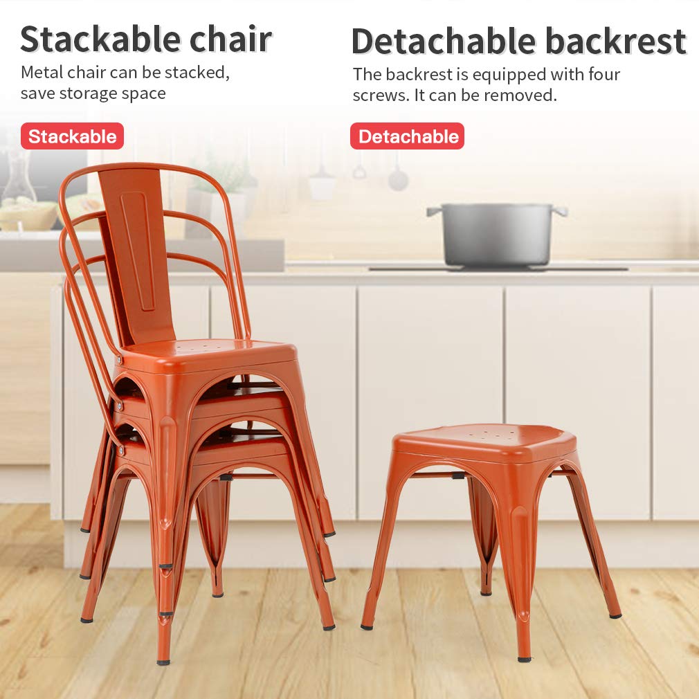 Set of 4 Metal Dining Chairs | Orange | Stackable Tolix Side Chairs with Backrest | Scratch-Resistant | Non-Slip Feet | Indoor/Outdoor Use | 330 lbs Capacity | Ideal for Kitchen & Restaurant