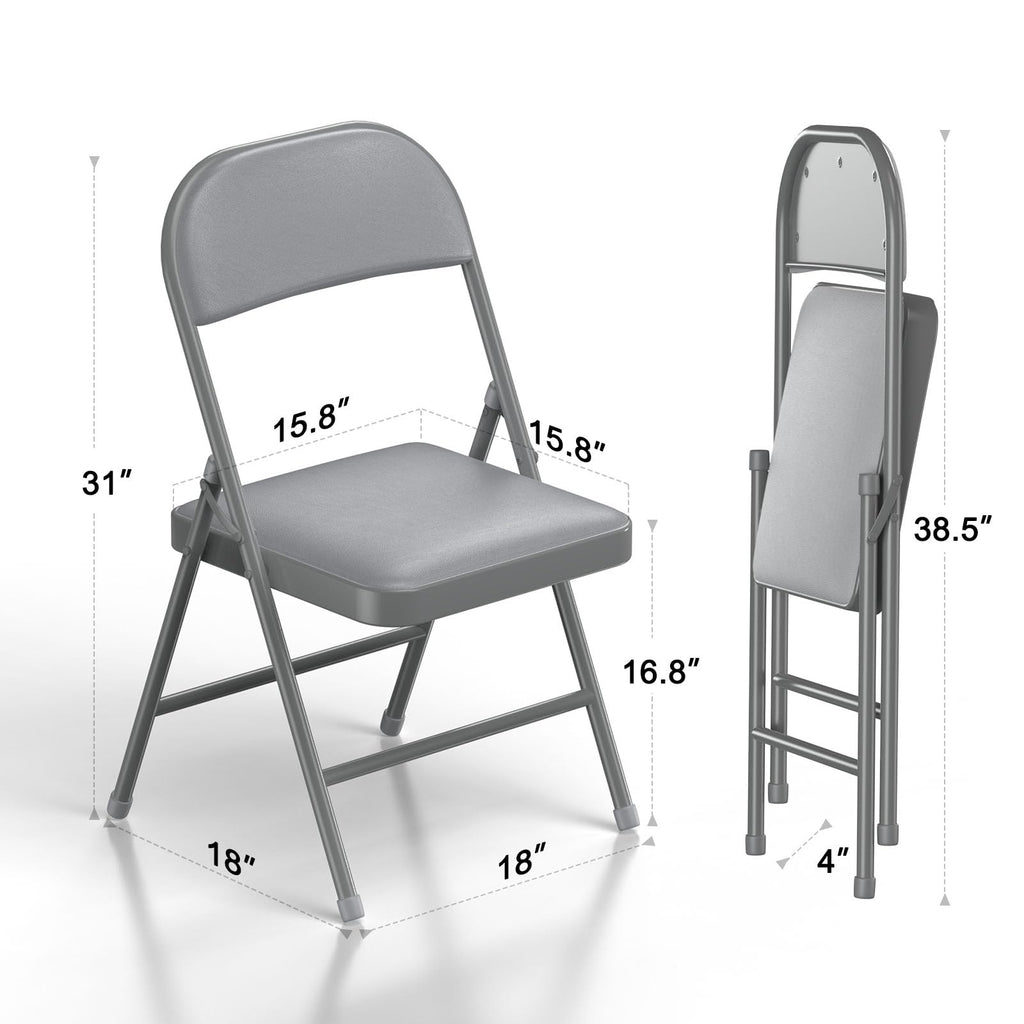 4 Pack Folding Chairs with Padded Vinyl Cushion Chairs with Comfortable Cushion and Durable Steel Frame for Home and Office, for Indoor and Outdoor Events (Grey Vinyl Padding 4 Pack)