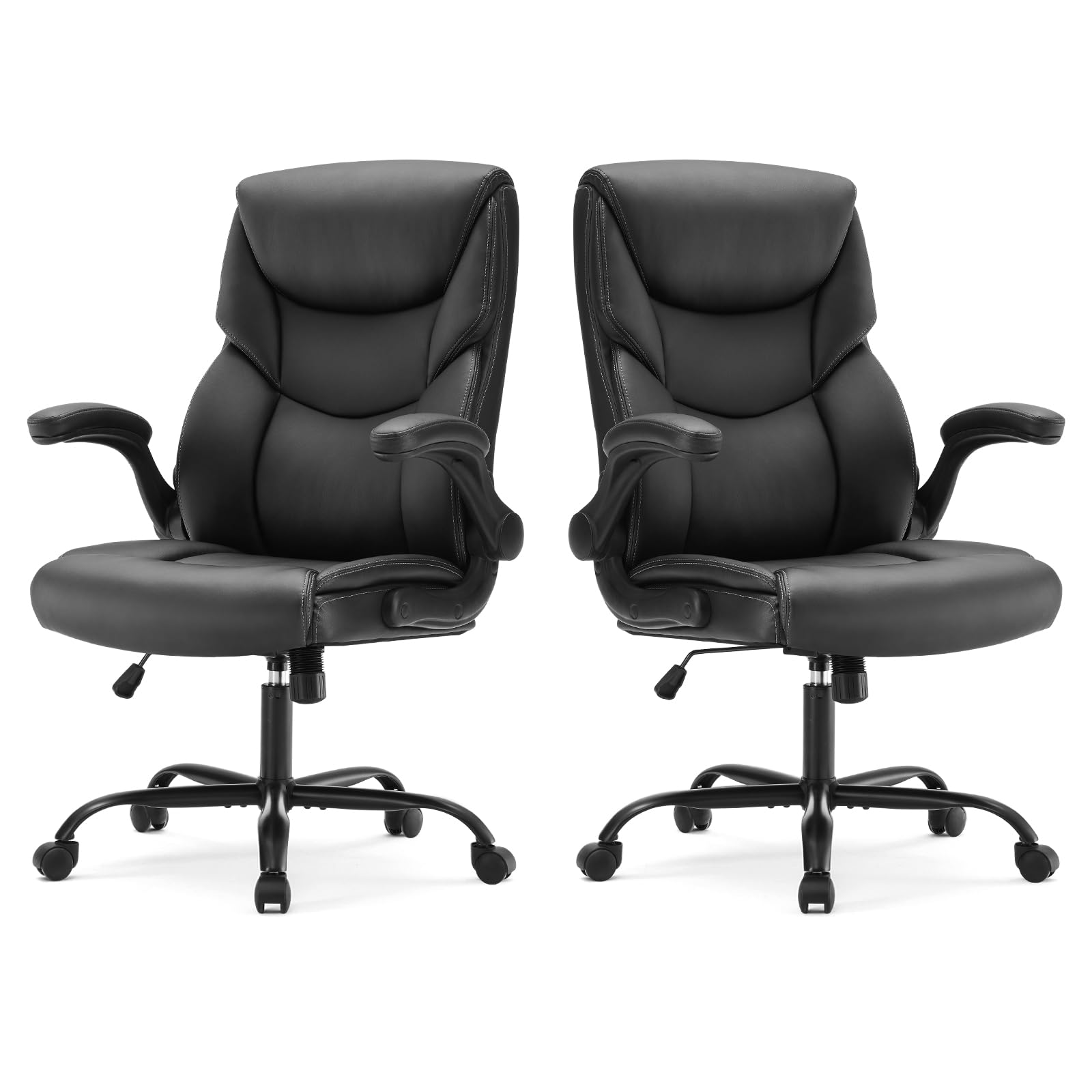 Set of 2, Ergonomic Computer Gaming Office Chair,  Heavy Duty Task Desk Swivel Rolling Chairs with Wheels, Flip-up Arms, Adjustable Height, PU Leather,Inky