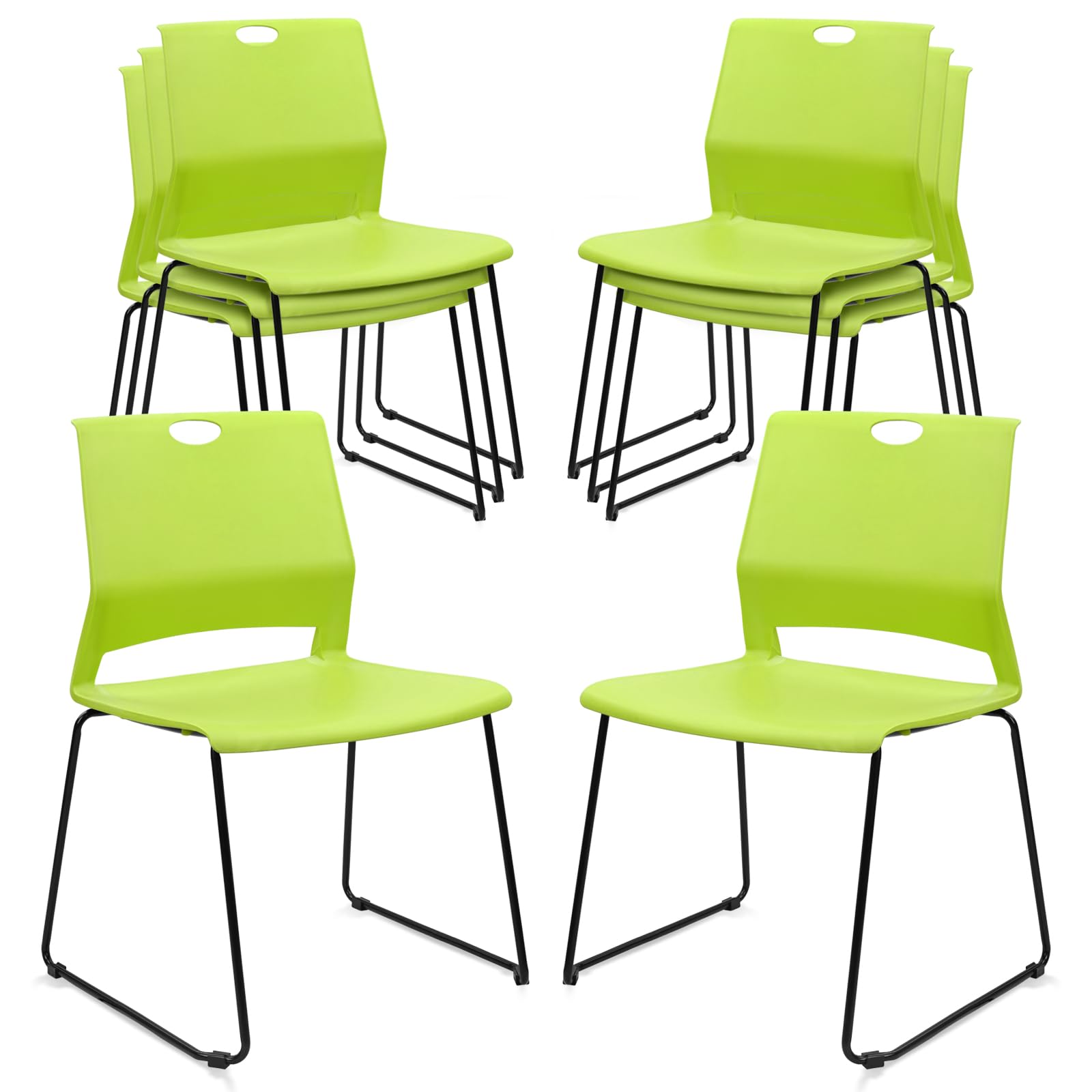 Set of 8, Green, Stackable Guest Reception Chairs, Stacking Office Chair with Ergonomic Lumbar Support & Metal Legs, Plastic Desk Chairs for Conference School Church Waiting Meeting Break Room