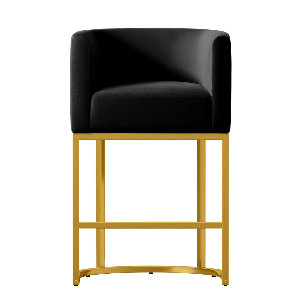 24" Modern Counter Height Bar Stools,Velvet Fabric Upholstered Barrel Barstools with Backs,Island Chairs Bar Stools Set of 1,Metal Gold Frames,Ink Black Velvet