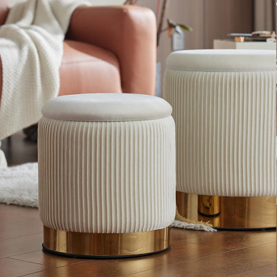 Round Ottoman with Storage Set of 2 Vanity Stool Foot Rest with Removable Lid White Velvet Storage Ottoman Stool for Living Room and Dorm