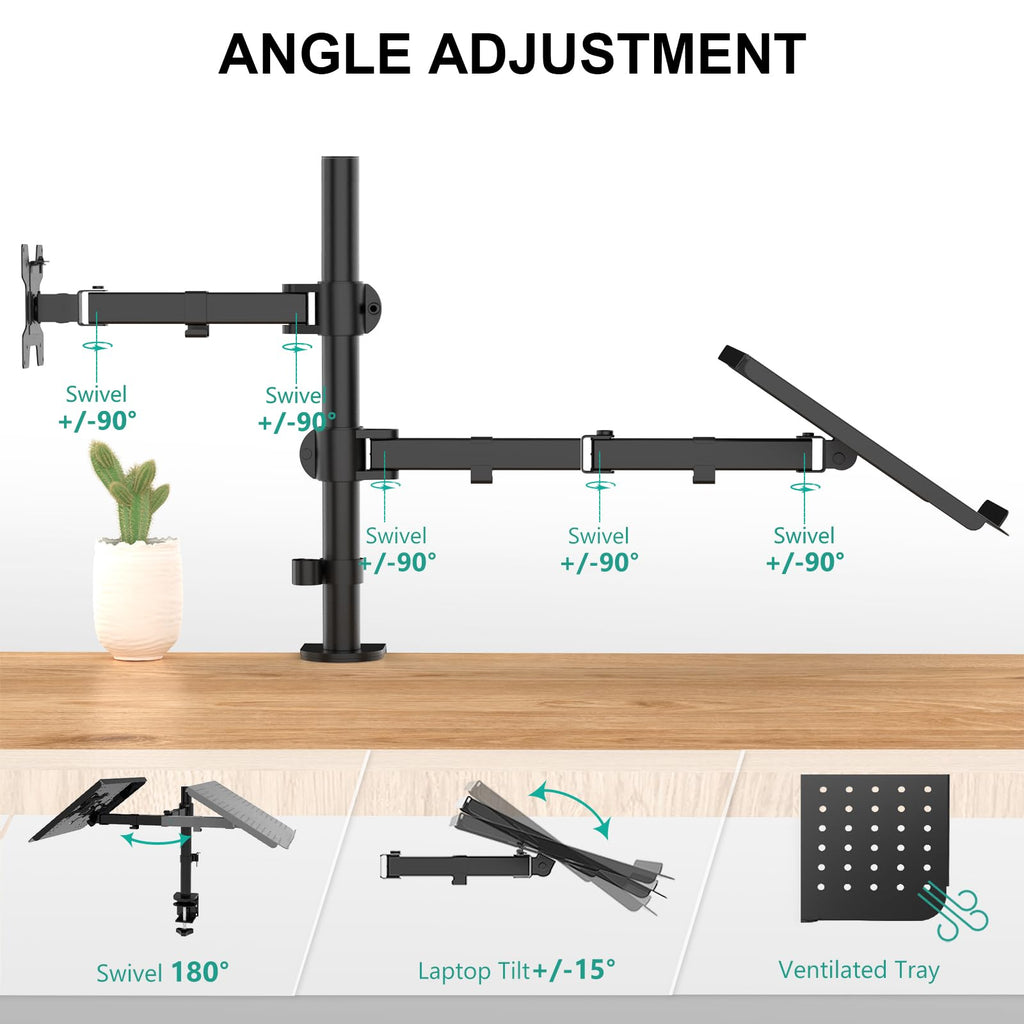 Dual Arm Laptop and Monitor Desk Mount for 17" Notebook and Up to 27" Screen, Fully Adjustable Monitor Arm with Laptop Tray, VESA 75x75 100x100, Holds up to 22 lbs, Black (M001LP)