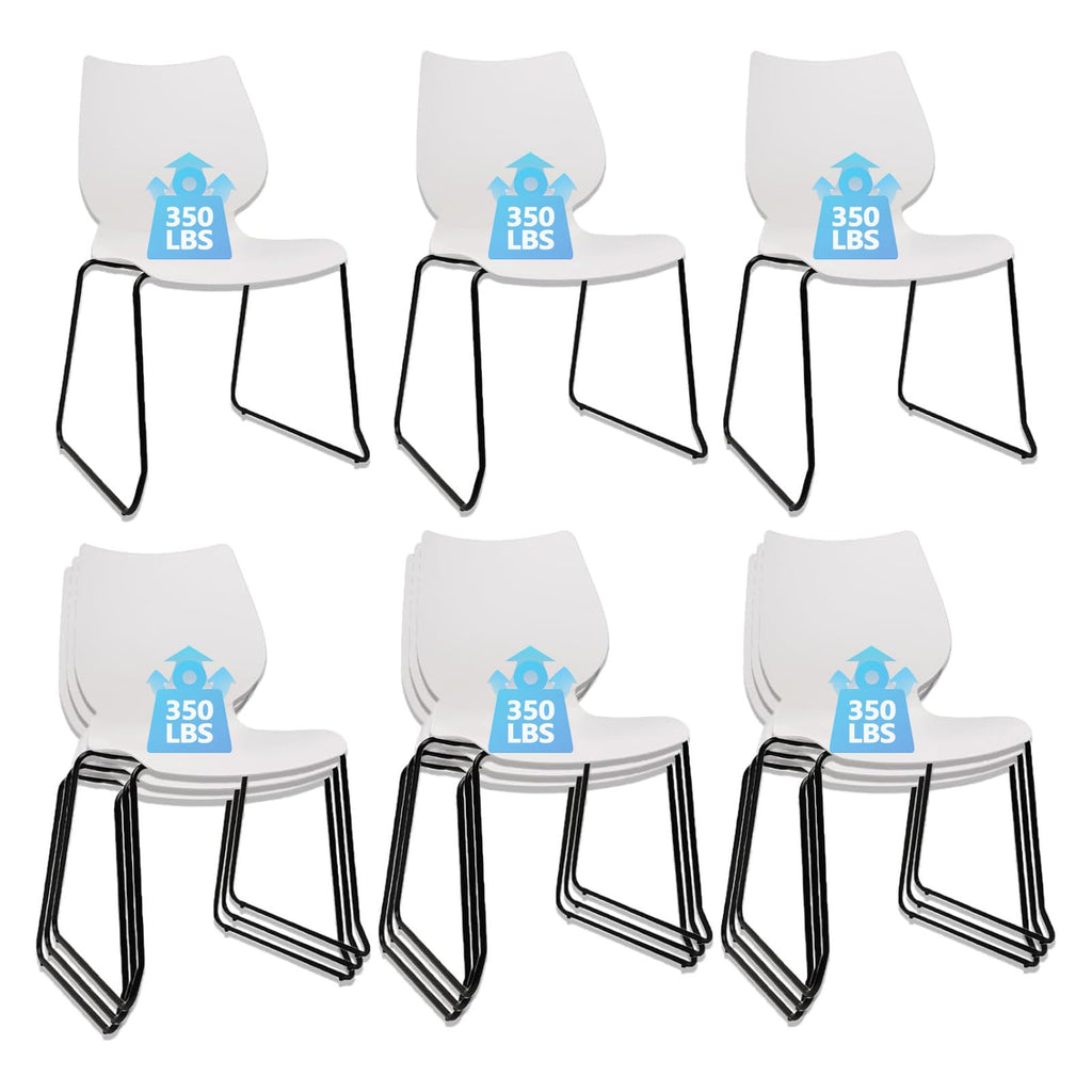 Set of 12, White, Stackable Waiting Room Chair, Stacking Office Chair with Ergonomic Lumbar Support and Metal Legs, Plastic Desk Chairs for Conference School Church Guest Reception