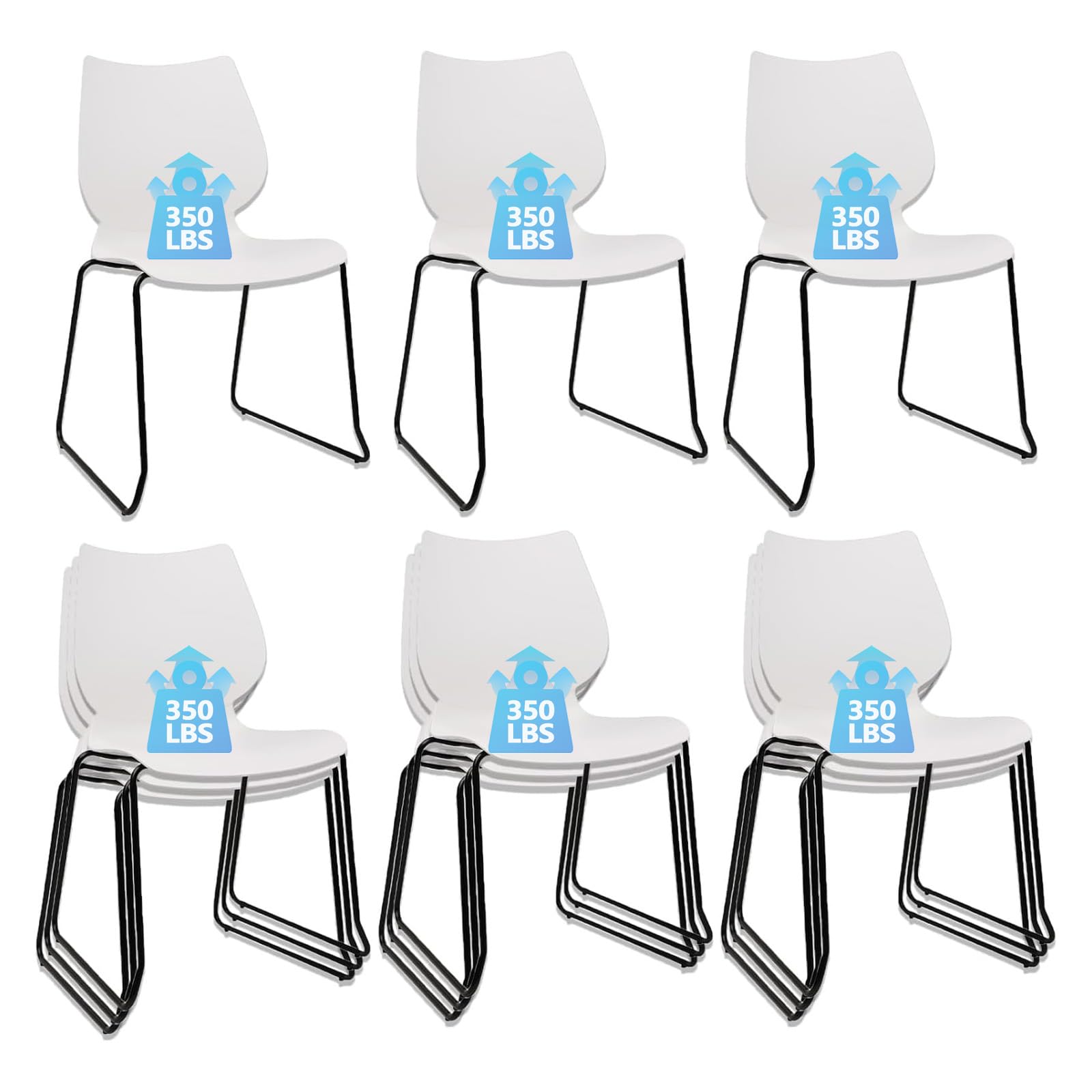 Set of 12, White, Stackable Waiting Room Chair, Stacking Office Chair with Ergonomic Lumbar Support and Metal Legs, Plastic Desk Chairs for Conference School Church Guest Reception