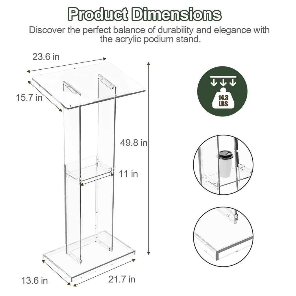 Acrylic Clear Lecterns Podium Stand, 50 Inch - Pulpits for Classrooms, Weddings, Churches, Conference, Speeches, Professional Presentation Podiums with Storage Shelf (Transparent)