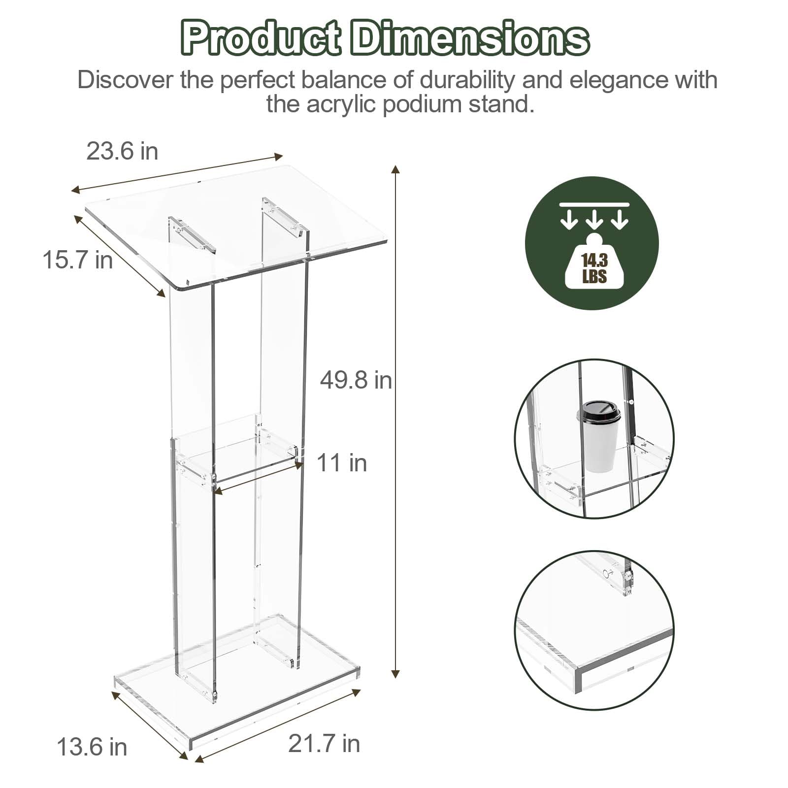 Acrylic Clear Lecterns Podium Stand, 50 Inch - Pulpits for Classrooms, Weddings, Churches, Conference, Speeches, Professional Presentation Podiums with Storage Shelf (Transparent)