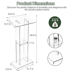 Acrylic Clear Lecterns Podium Stand, 50 Inch - Pulpits for Classrooms, Weddings, Churches, Conference, Speeches, Professional Presentation Podiums with Storage Shelf (Transparent)