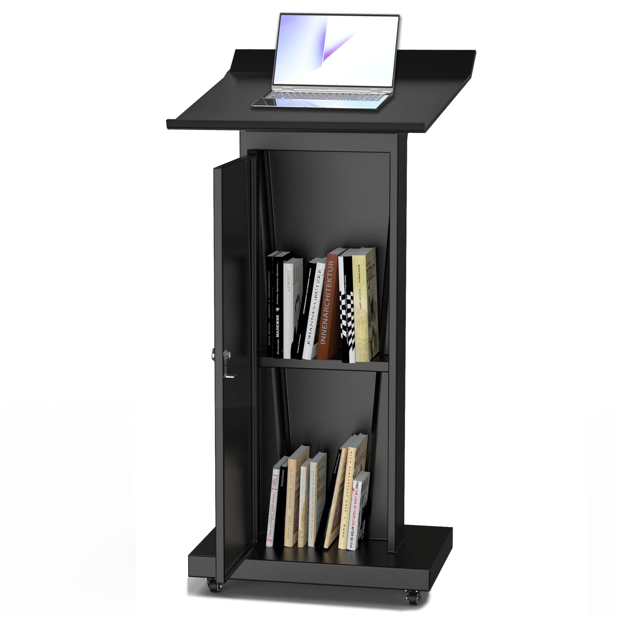 Metal Podium Stand with Wheels, Heavy-Duty Rolling Lectern for Classroom, Church & Office Presentations, Large Top, Locking Casters, Stable Base