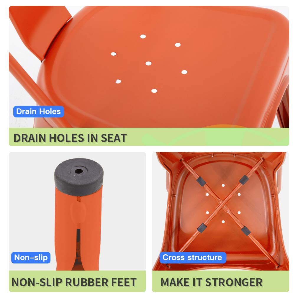 Set of 4 Metal Dining Chairs | Orange | Stackable Tolix Side Chairs with Backrest | Scratch-Resistant | Non-Slip Feet | Indoor/Outdoor Use | 330 lbs Capacity | Ideal for Kitchen & Restaurant