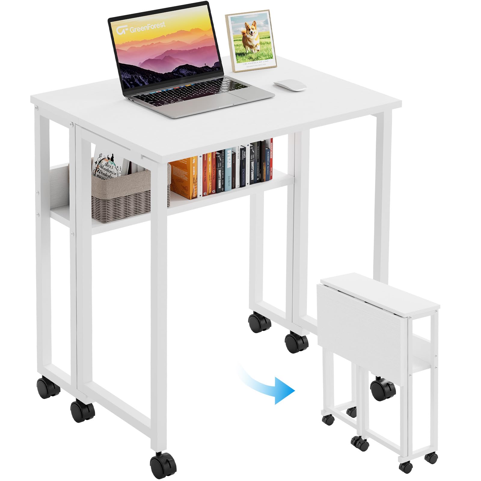 Folding Desk with Wheels, 31.5 Inch Compact Rolling Computer Table with Storage Shelf, Portable Mobile Workstation for Small Spaces, Easy Assembly, Pure White