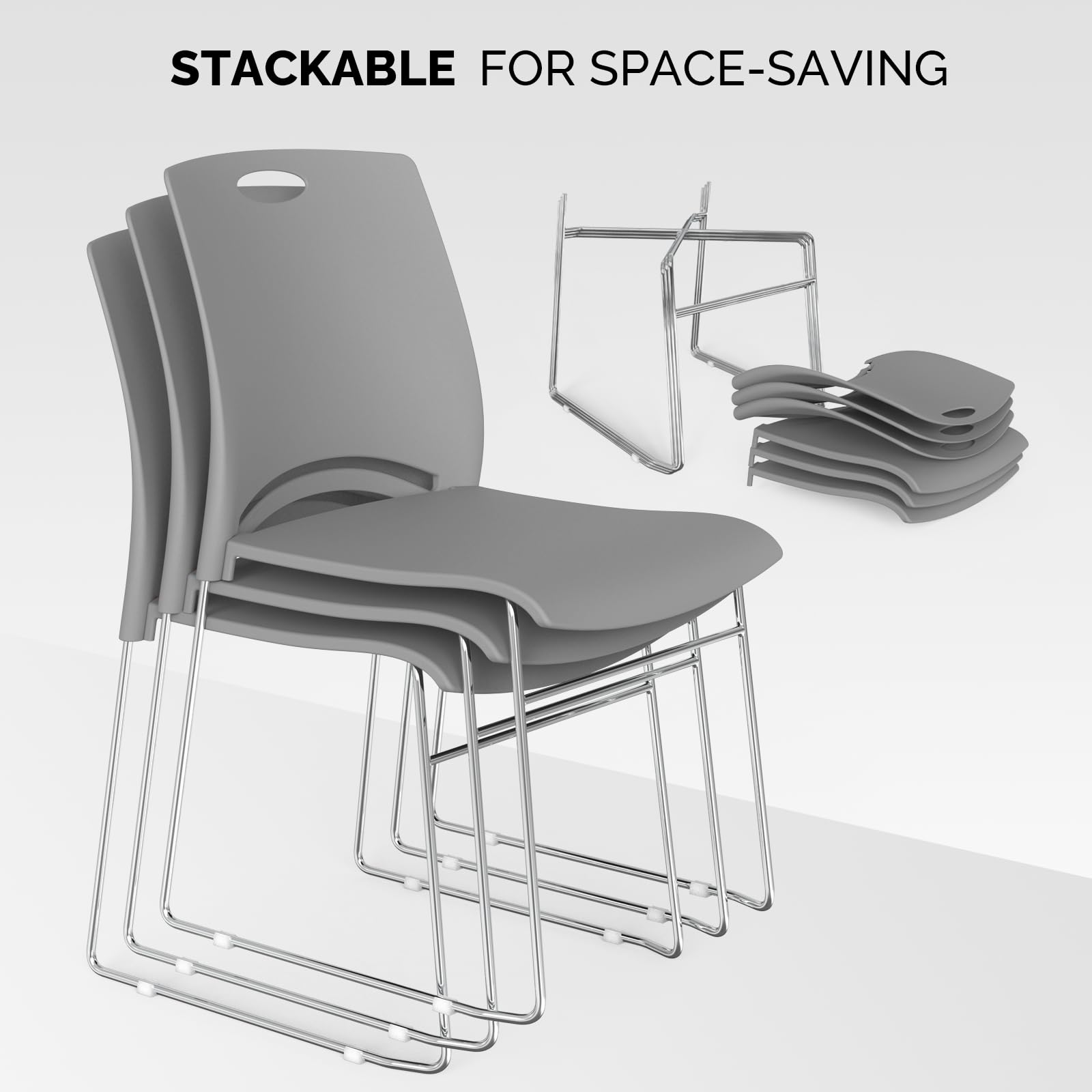 Stacking Chairs Set of 10 Stackable Office Chairs with Metal Sled Base, Ergonomic Plastic Seat, Stacking Chairs for Waiting Room Break Room Banquet Guest, Grey