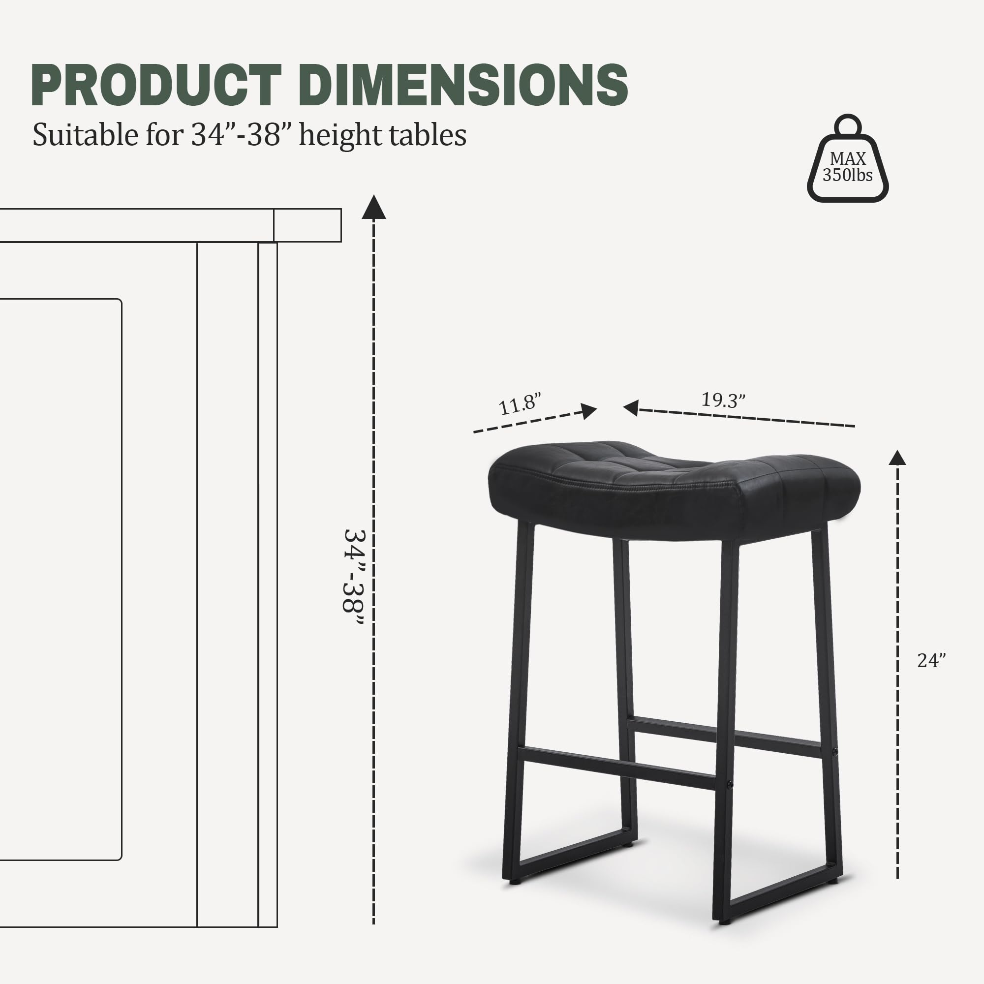 Black Bar Stools Set of 4 for Kitchen Island Counter Height Stools Modern Backless Barstools with Upholstered Faux Leather Saddle Seat and Metal Frame Industrial Bar Chairs, 24 inch