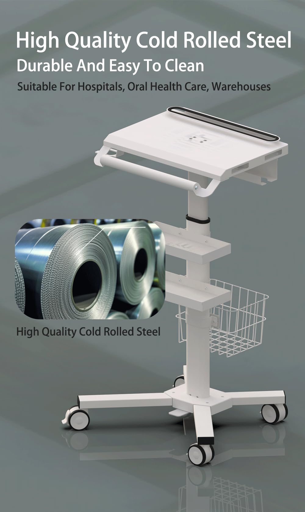 MB-C07 Height Adjustable, Anti-Theft, Anti-Slip Medical Laptop Workstation Trolley Cart With Wheels, Oral Scanner Holder, Basket Storage,