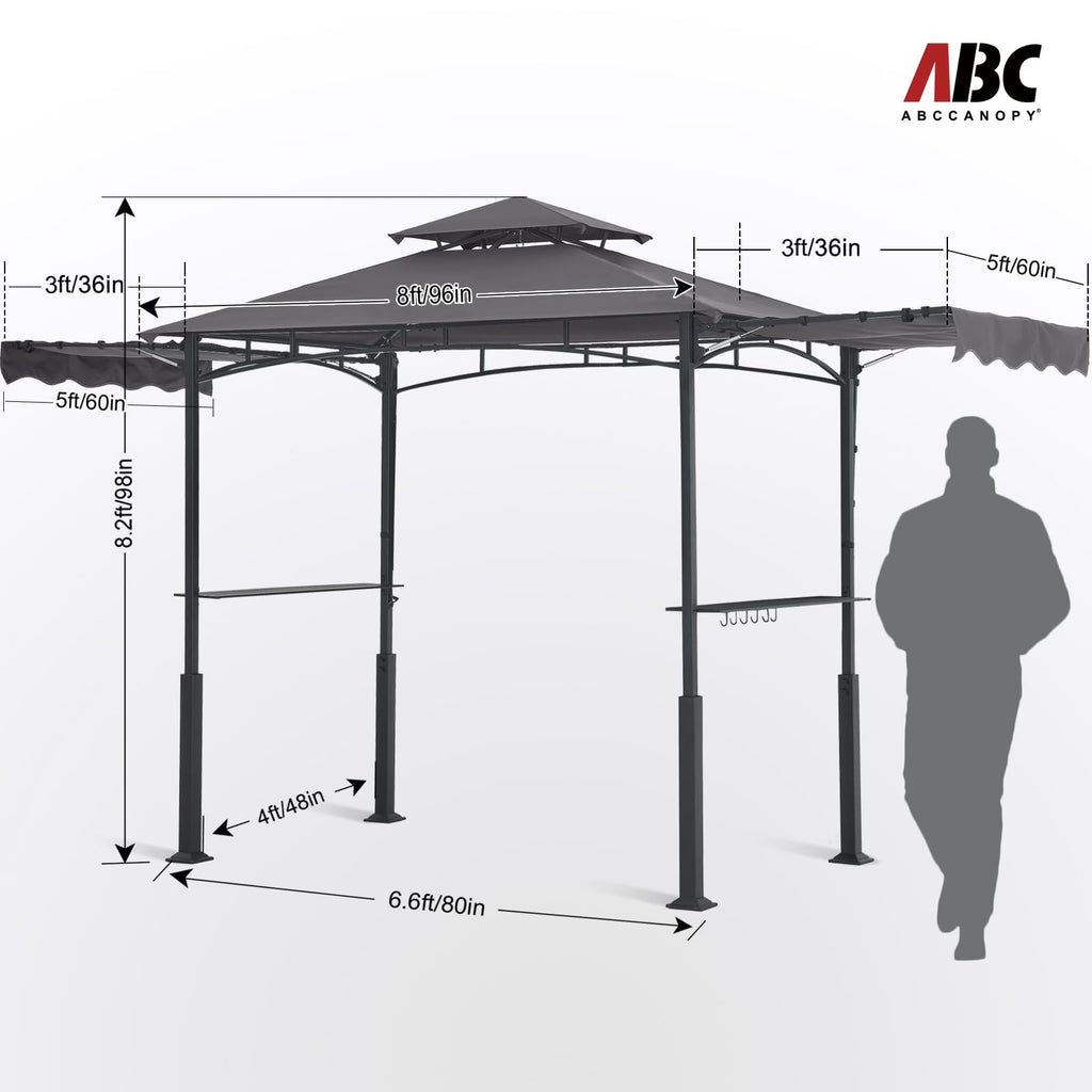 Grill Gazebo with 2 Side Awnings - 14x5 Outdoor BBQ Canopy Shelter with 2 Led Lights for Patio Backyard Grilling (Dark Gray)