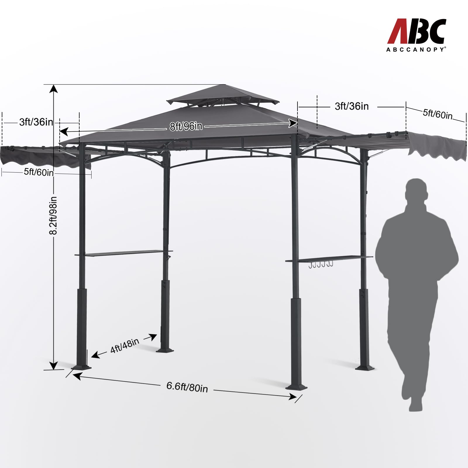 Grill Gazebo with 2 Side Awnings - 14x5 Outdoor BBQ Canopy Shelter with 2 Led Lights for Patio Backyard Grilling (Dark Gray)