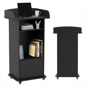 Podium Stand Portable with Wheels, Classroom Lectern for Teacher with Adjustable Storage Shelf, Mobile Rolling Church Pulpits, Office Wooden Reception Desk, Host Stand for School Conference（Black）
