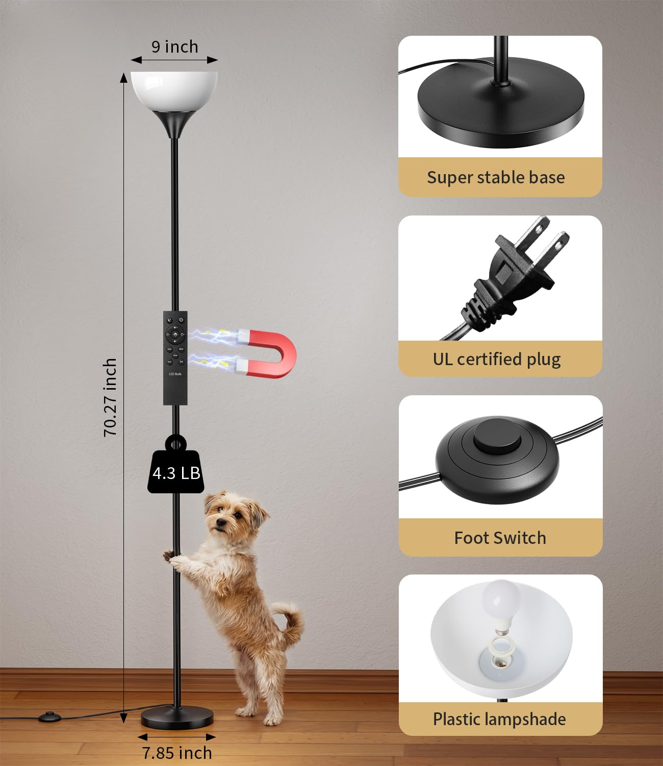 Torchiere Floor Lamp,1200LM Dimmable Standing Lamps with Remote and Foot Switch,Custom Color Temperature Super Bright Tall Lamp for Living Room Bedroom Office,Floor Light with 12W LED Bulb