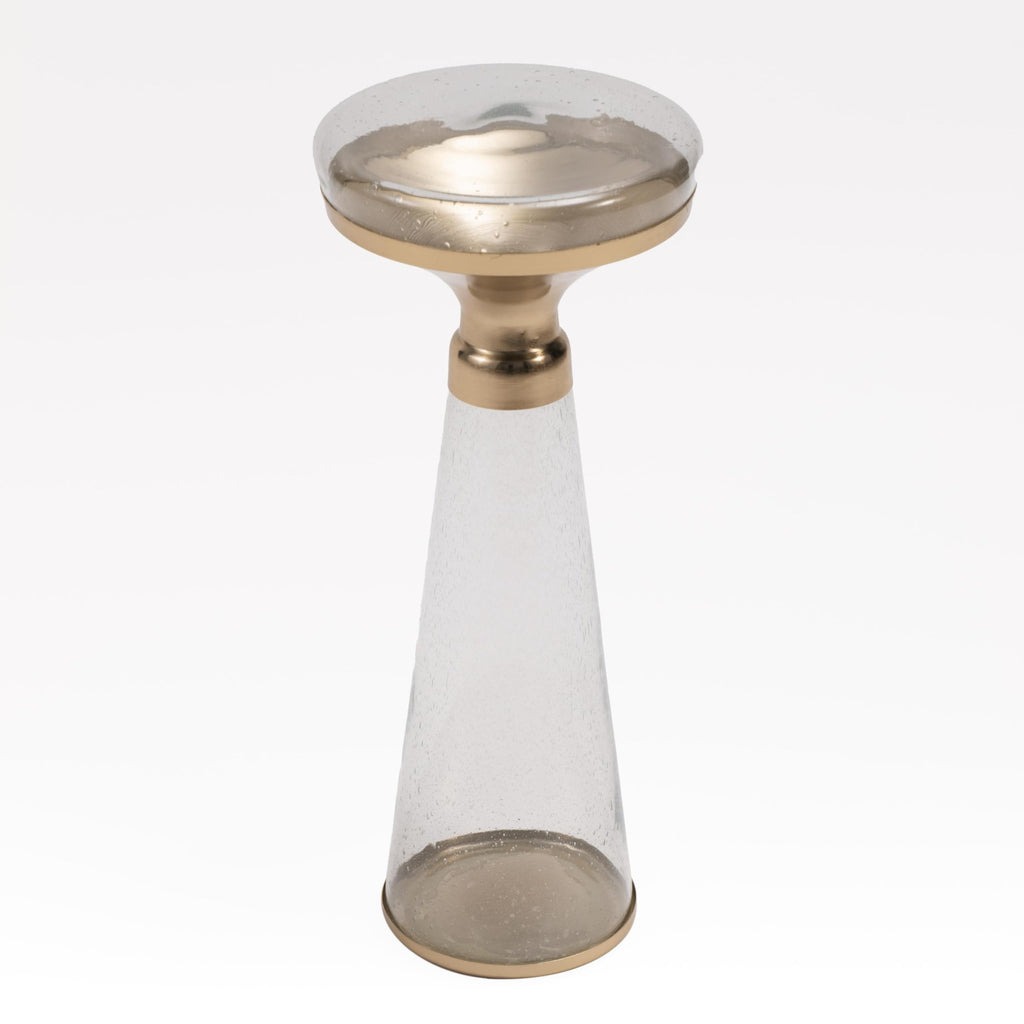 Modern Decorative Round Drink Table with Glass Base and Top with Gold Metal Accent, Martini, Gold Pedestal Table, Tall Side Table, Small Space end Table, for Living Room & Bedroom, Clear,Assembled