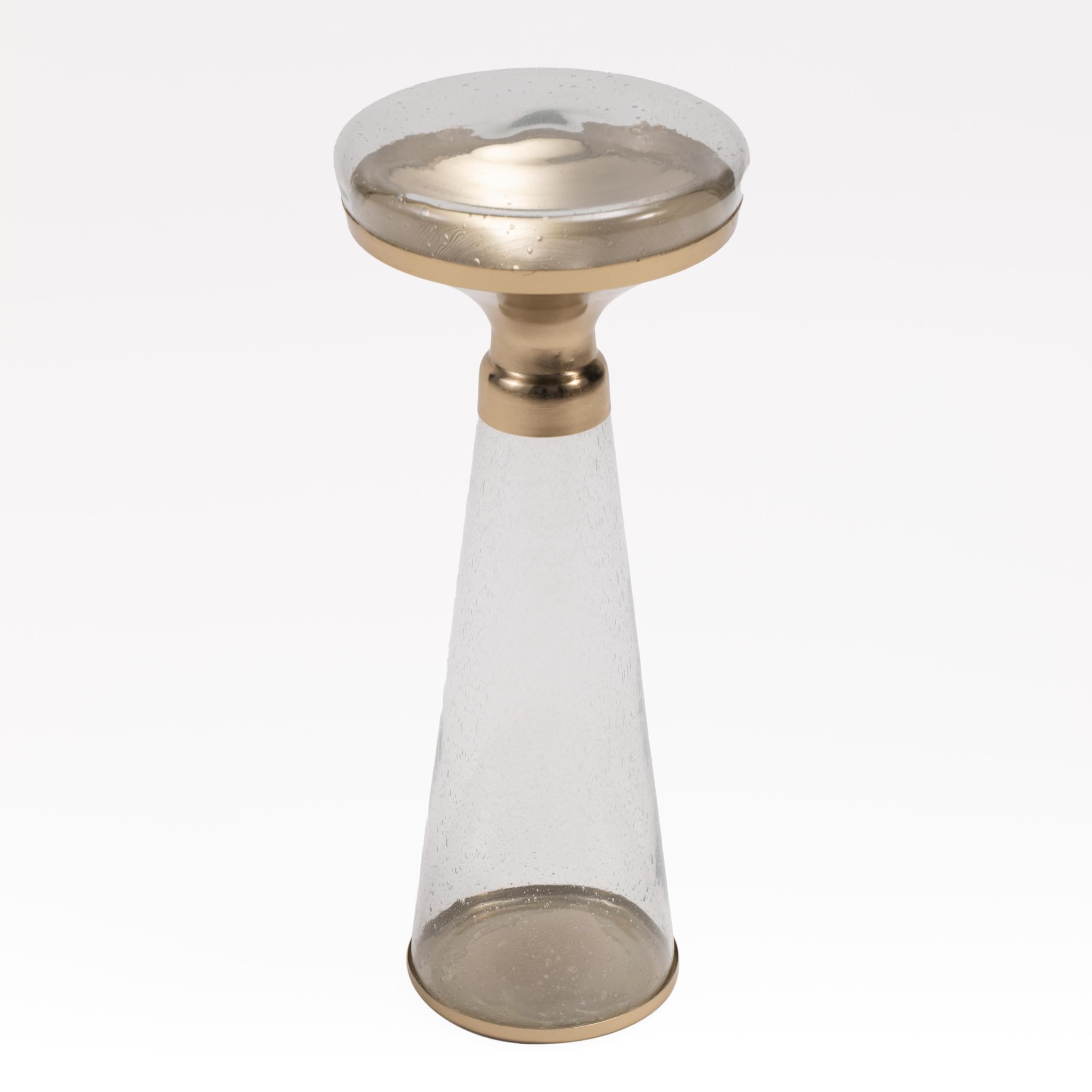 Modern Decorative Round Drink Table with Glass Base and Top with Gold Metal Accent, Martini, Gold Pedestal Table, Tall Side Table, Small Space end Table, for Living Room & Bedroom, Clear,Assembled