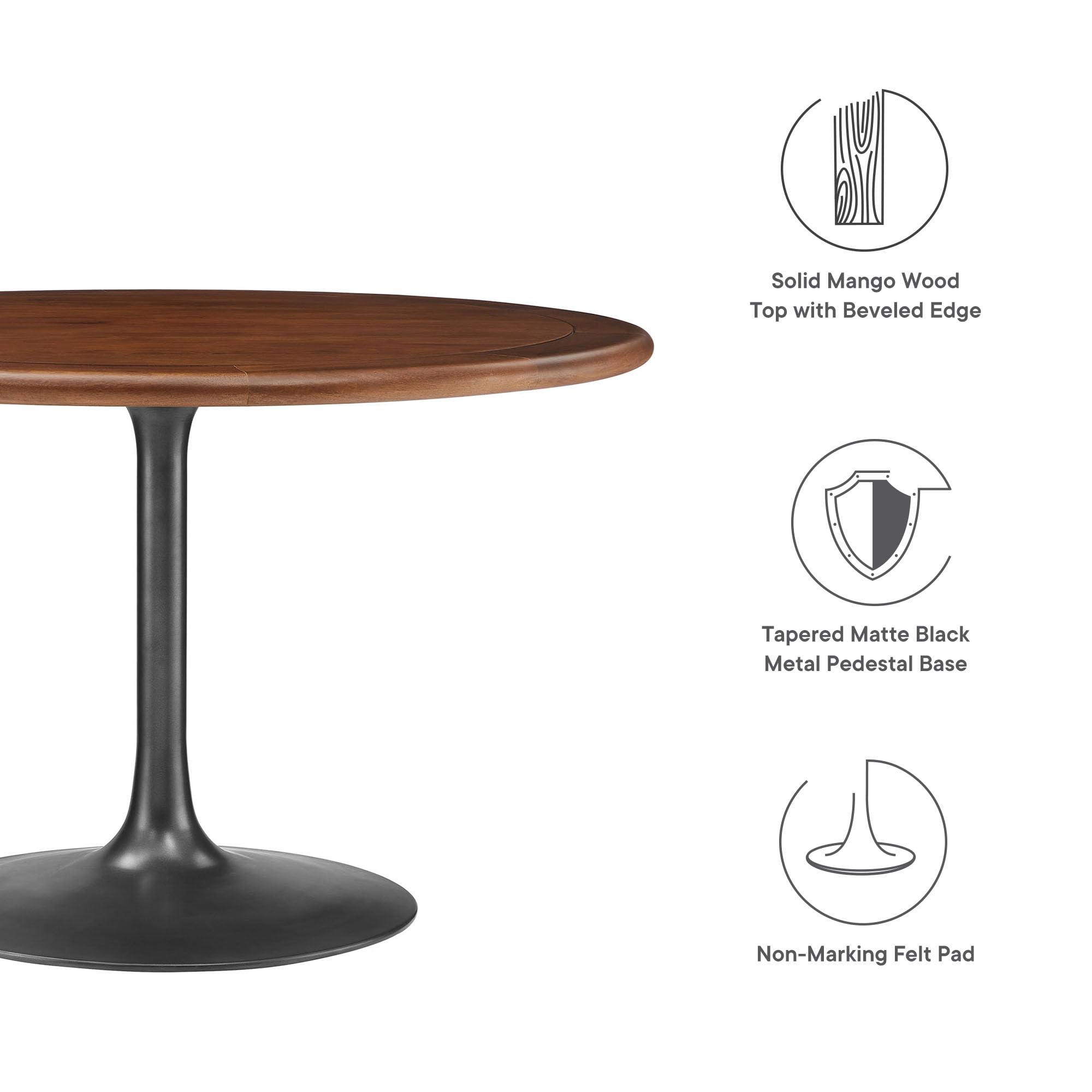 48 Inch Round Wood Dining Table with Metal Pedestal in Black Walnut - Modern Industrial Dining Table for 4 People - Solid Wood Tulip Kitchen Table